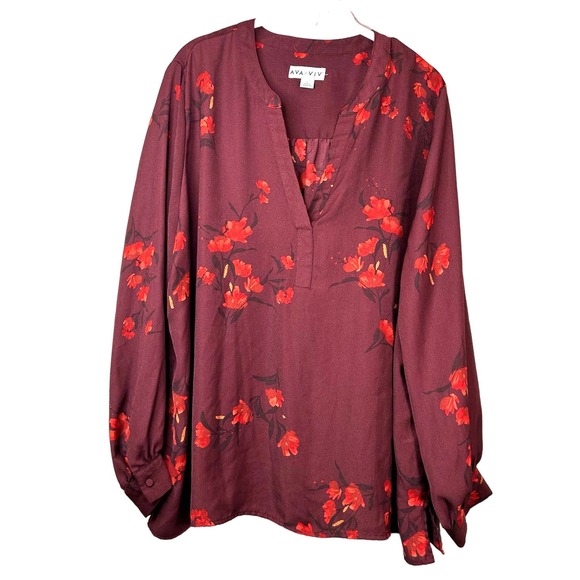 Ava & Viv Tops - Ava & Viv Target Red Balloon Sleeve Floral V-Neck Pullover Blouse Plus Size 2X